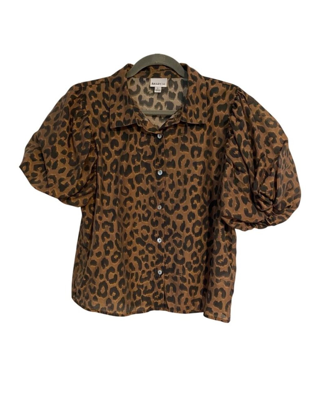 Bailey 44 Women's L Brown Black Button Up Blouse Leopard Print Puff Sleeve Boho